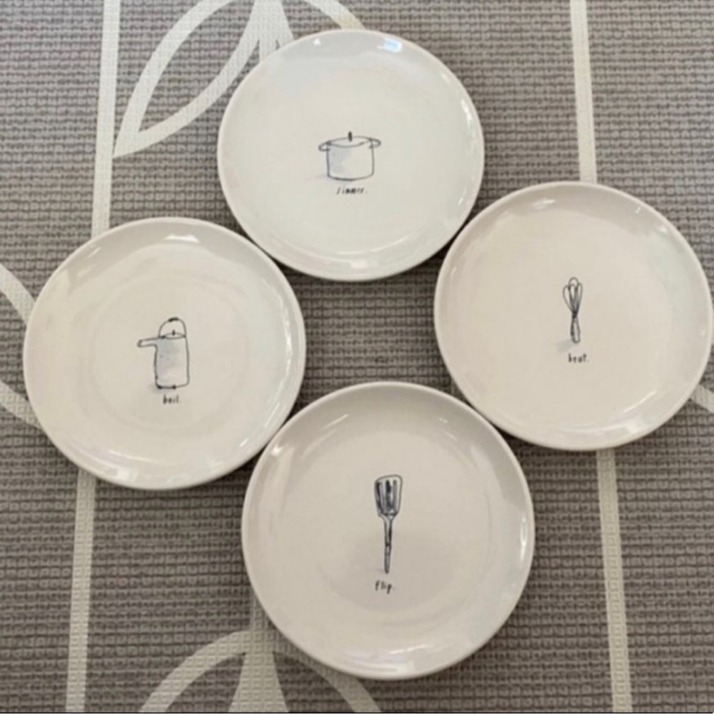 Rae Dunn White Plates with Black Illustrations